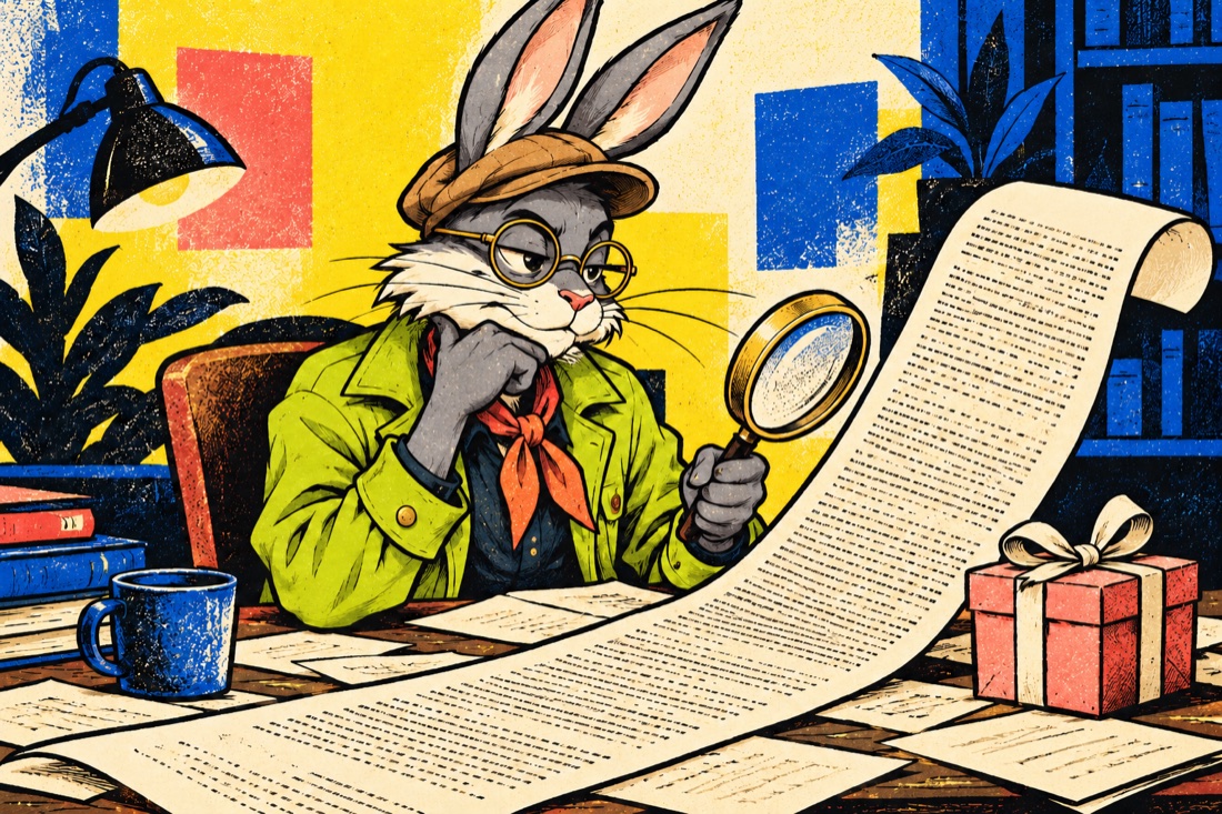 John Doe’s rabbit mascot checking bonus terms with a magnifying glass