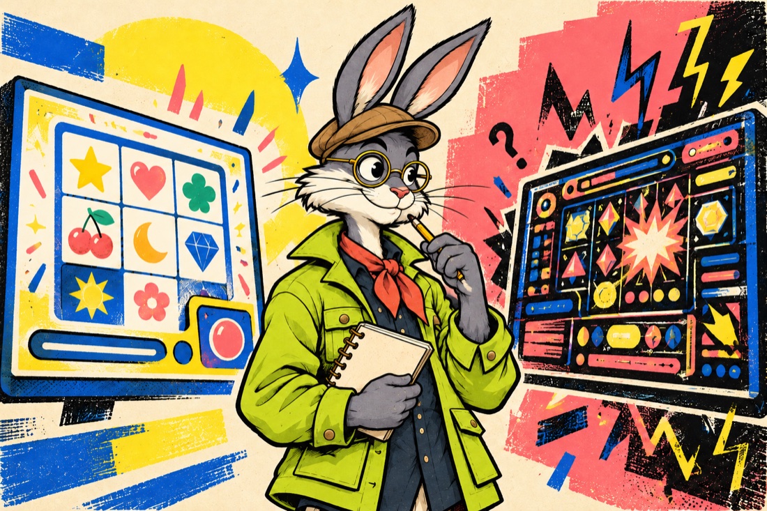 John Doe’s rabbit mascot comparing two colorful slot game screens