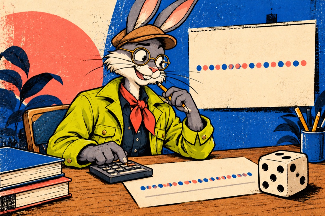 John Doe’s rabbit mascot using a calculator beside a simple chart and die
