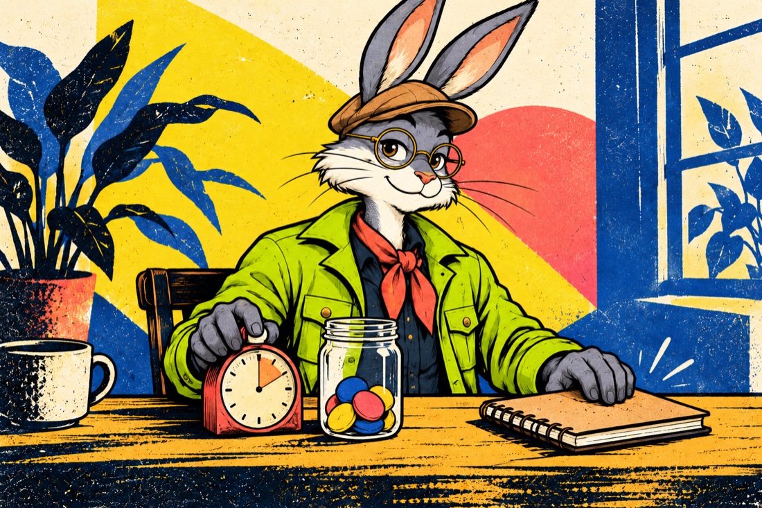 John Doe’s rabbit mascot setting a timer beside a jar of colorful tokens