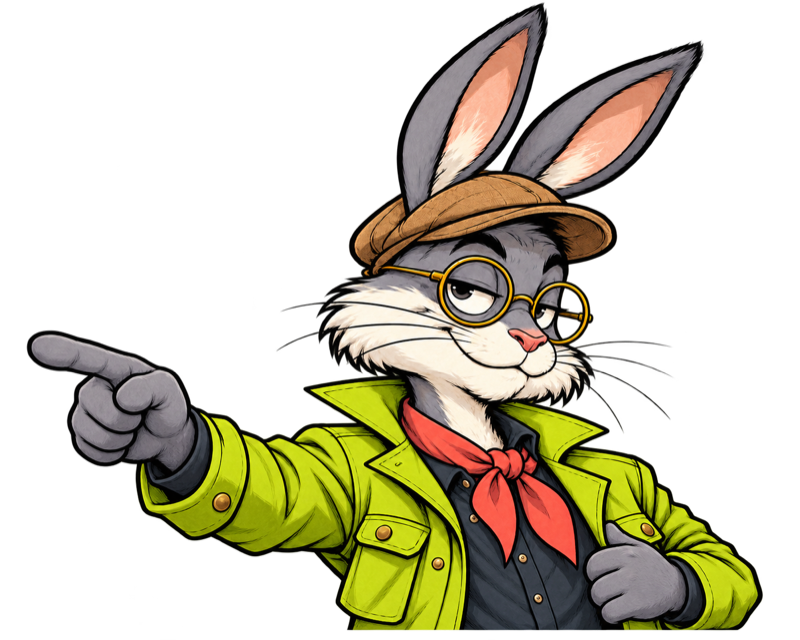 John Doe’s rabbit mascot pointing toward the CasinoAnalyser recommendation