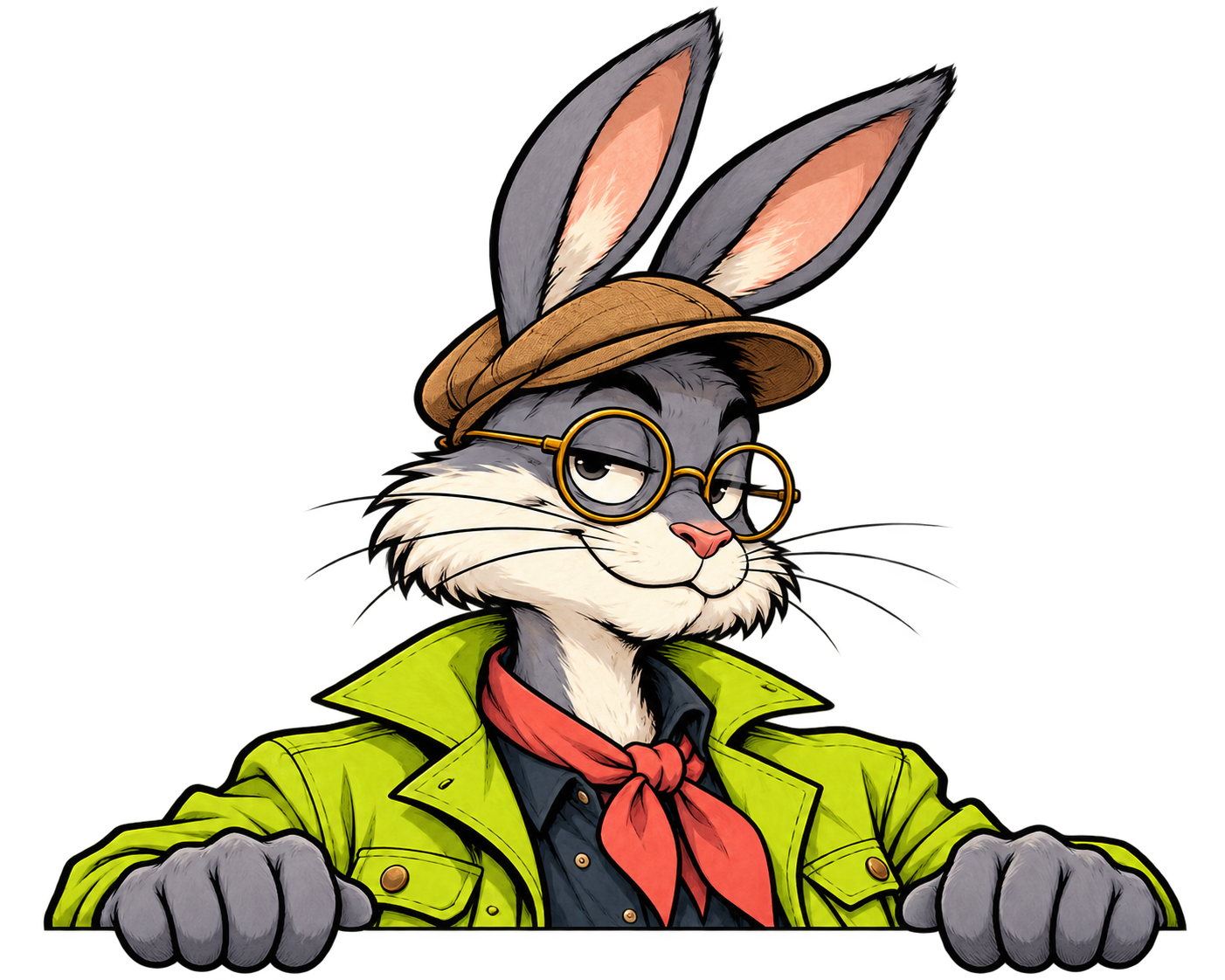 John Doe, a stylish rabbit in glasses peeking over the caption with both paws