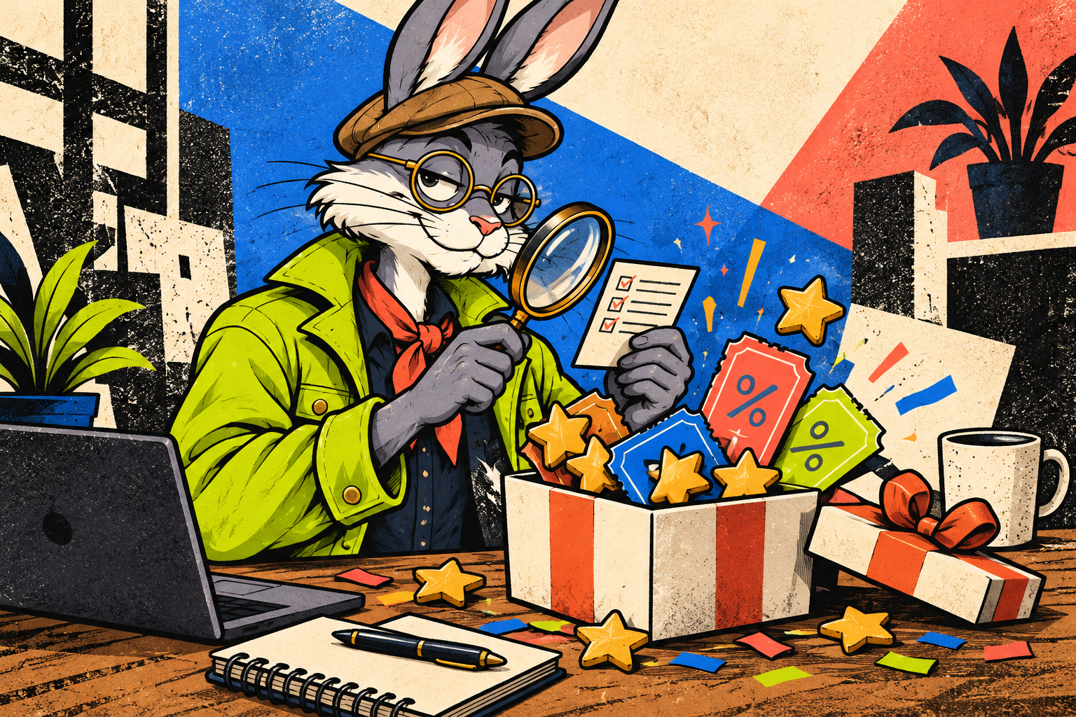 John Doe the rabbit exploring a colorful bonus gift