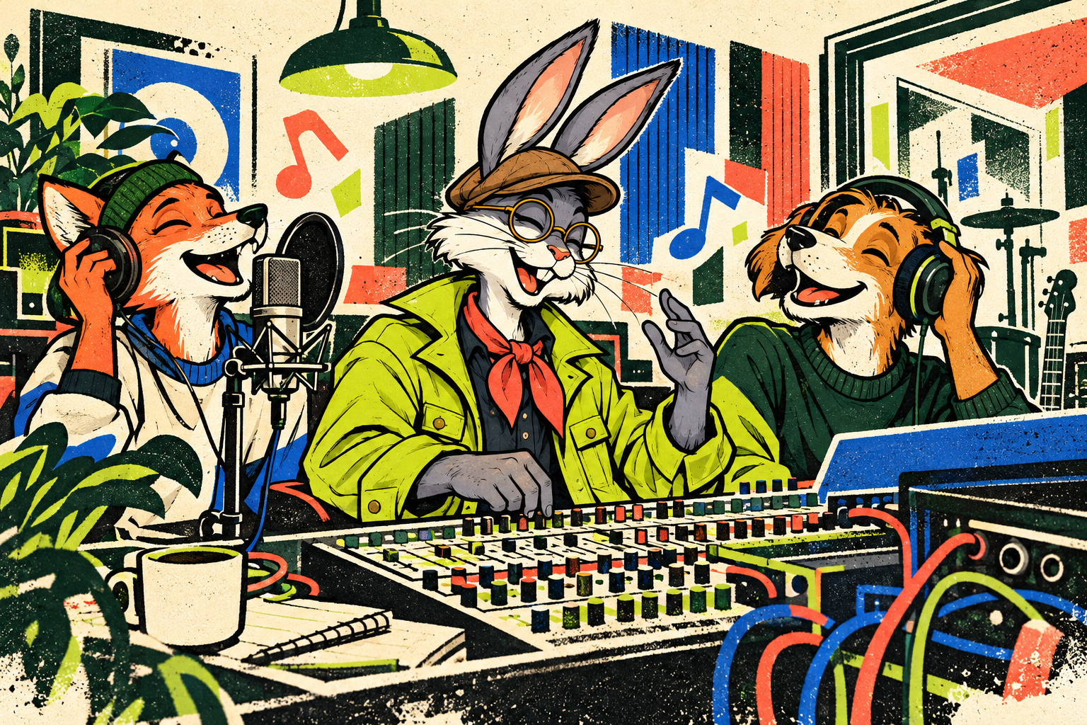 John Doe the rabbit making music with friends in a recording studio